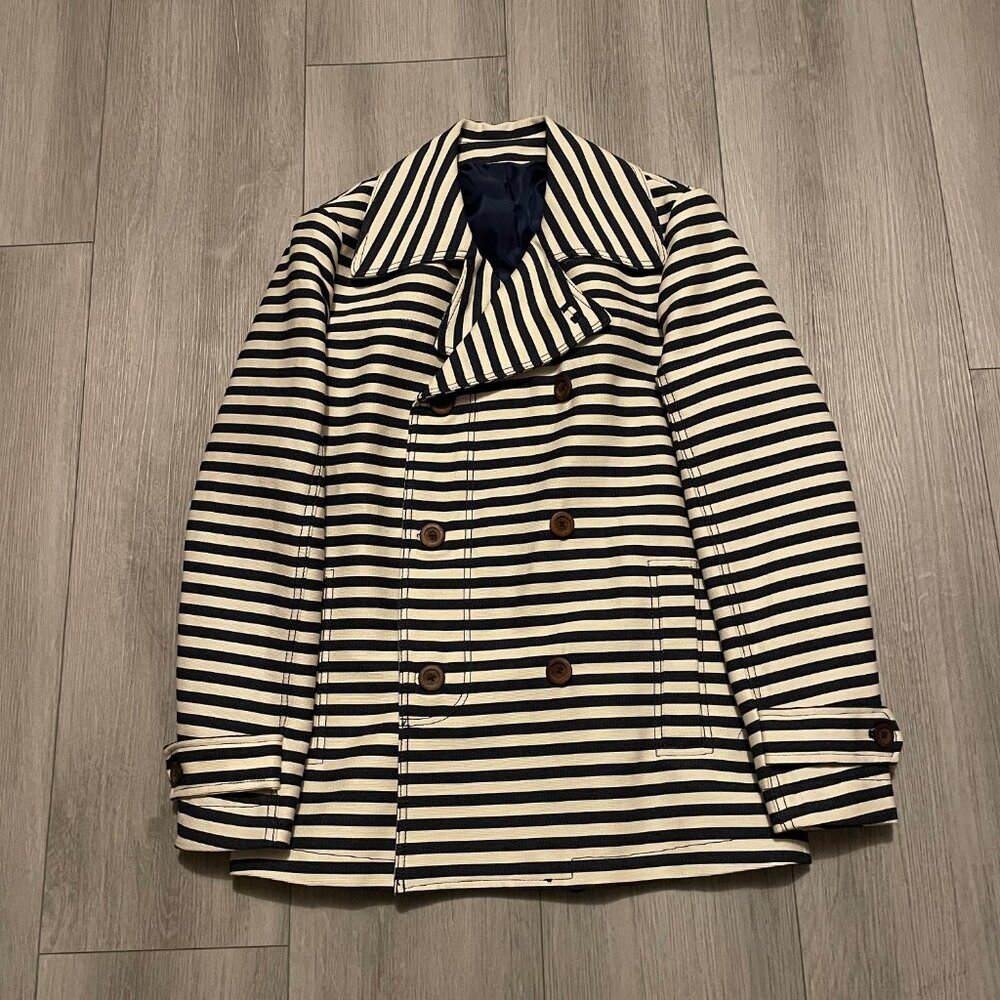 Zara Men's Double-Breasted Coat Medium Cream/Navy Stripe